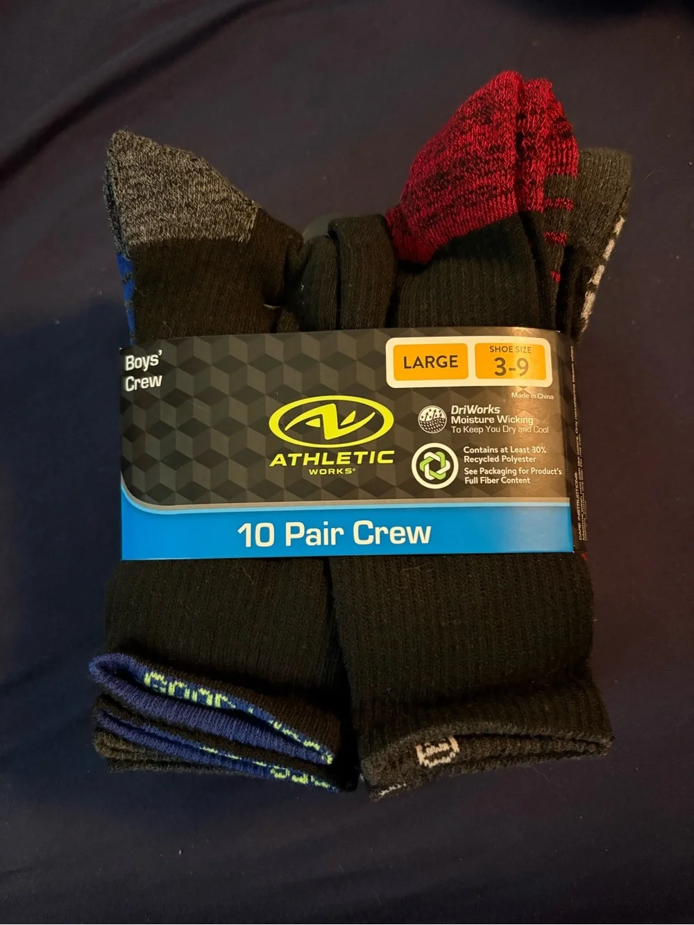 Athletic Works Boys' 10-Pack Crew Socks - Black with color Accents